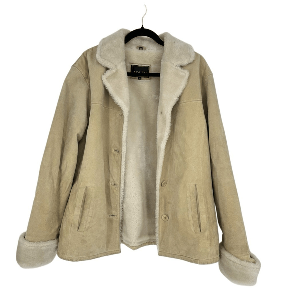 Womens XL Suede Faux Fur Lined Winter Jacket Pockets Cream Boho 70s Style